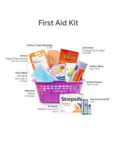 OMRON DIGITAL THERMOMETER MC 246-C1 ( 1 UNIT), SALONPAS PLASTER ( 10 PLASTERS) ,AXE UNIVERSAL OIL 10ML , JEEVANEE (ORANGE)  - 5 satchets , STREPSILS VITAMIN C LOZ. 24 S (1 BOX ) , COTTON WOOL 20G ( 1 UNIT ) , DETTOL PLASTER FABRIC ( 1 BOX) , COTTON CREPE 